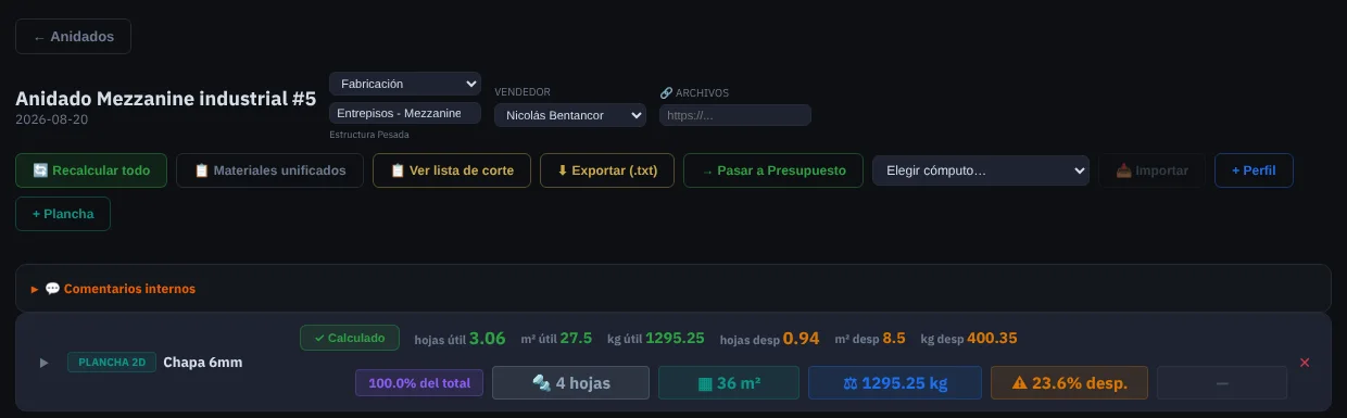 Anidado de chapa con hojas, metros cuadrados, kg y porcentaje de desperdicio