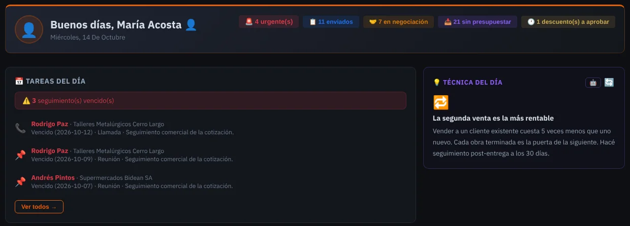 Pantalla de inicio con tareas del día