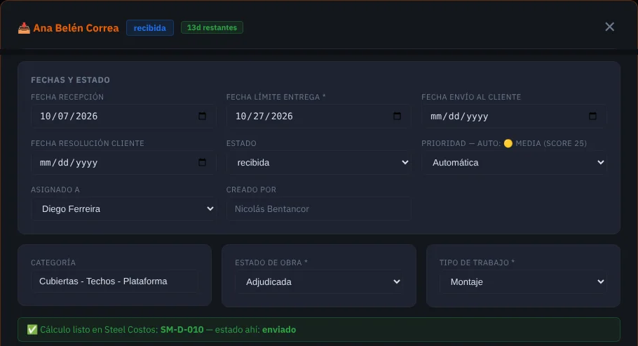 Solicitud con el aviso Cálculo listo en Steel Costos